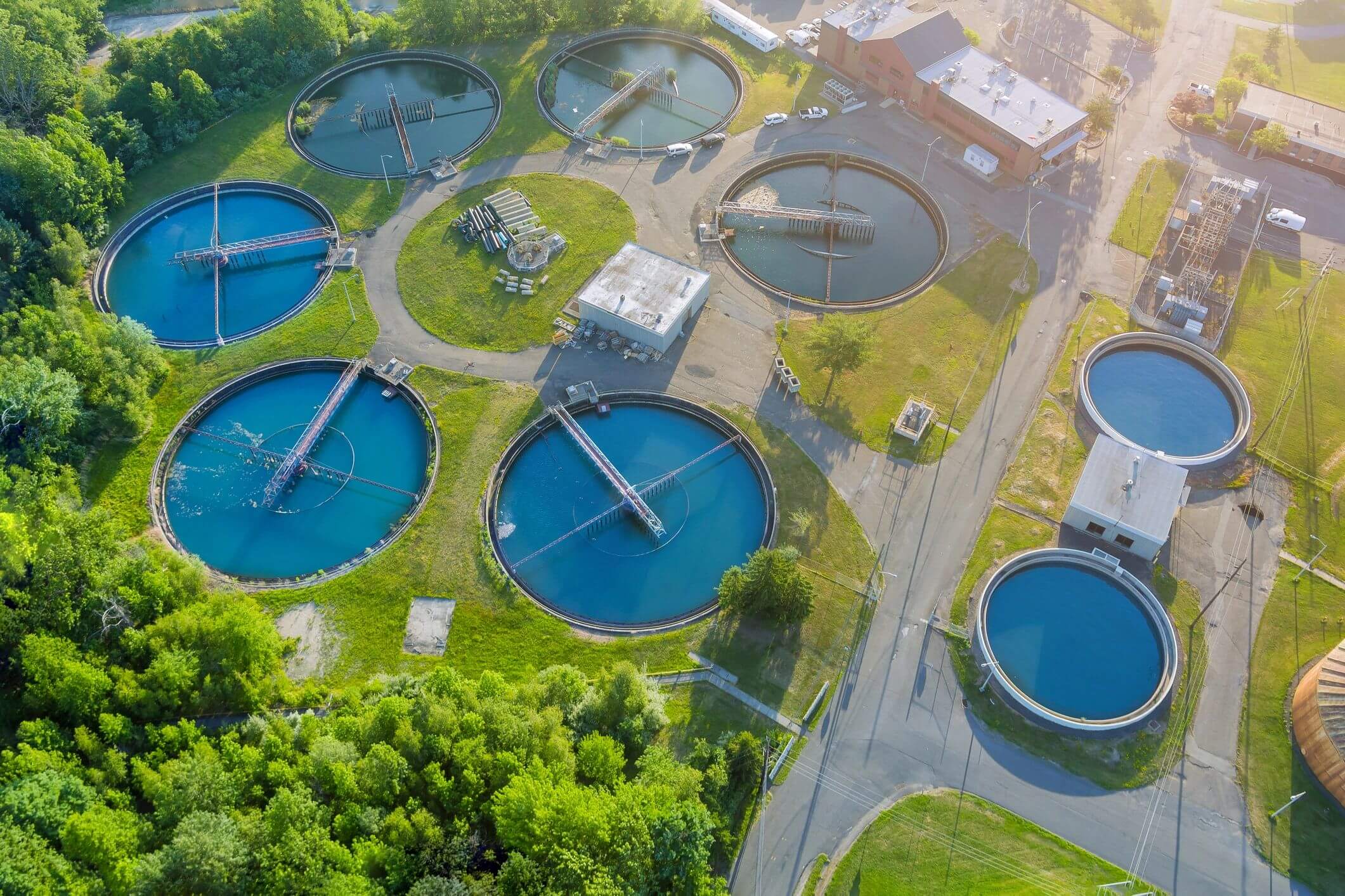 Aerial view of wastewater treatment plant facility.