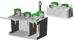 3D animation of a mechanical system with green components and fluid flow.