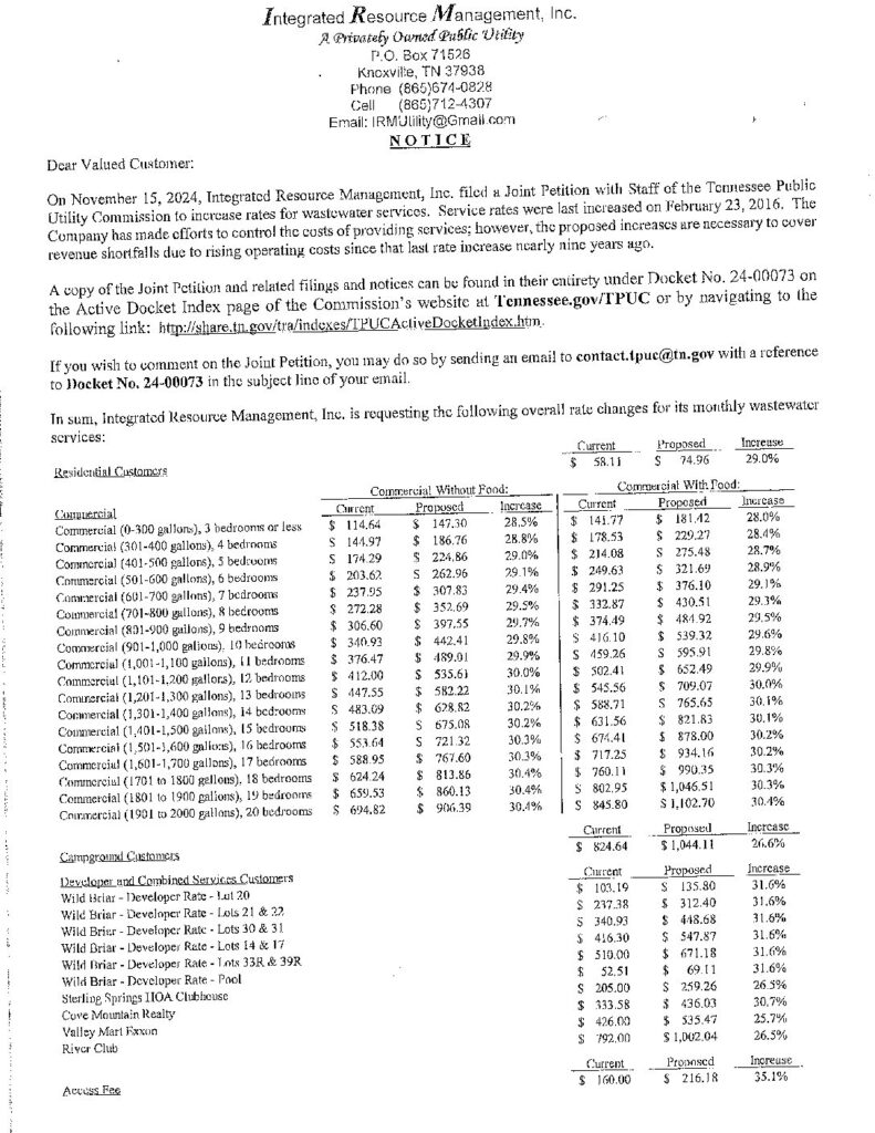 Utility rate change notice with detailed tables.